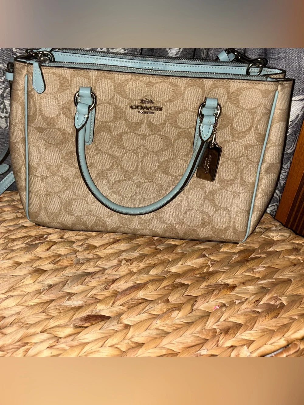 Coach Beige Signature Satchel with Light Blue Trim